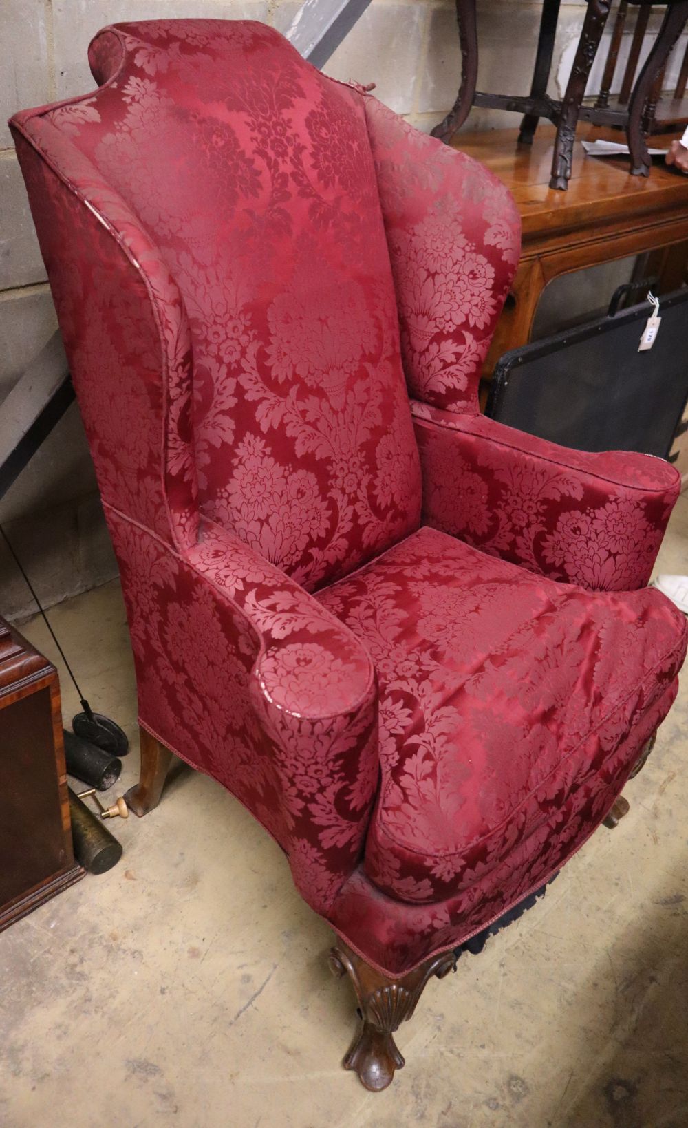 A George I style upholstered walnut wing armchair, W.82cm, D.75cm, H.114cm